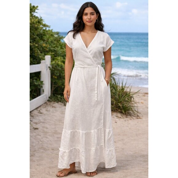 Elan Dresses & Skirts - Elan White Linen Wrap Maxi Dress Boho Tiered Ruffle Beach Cottagecore M